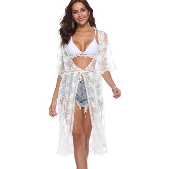 🌴SHIPS NOW🌴 White Floral Lace Long Kimono - Picture 3 of 8